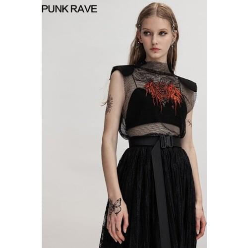 PUNK RAVE Womens Gothic Elastic Mesh Loose Fitting Vest Sexy Perspective Embroidered Casual Tank Tops