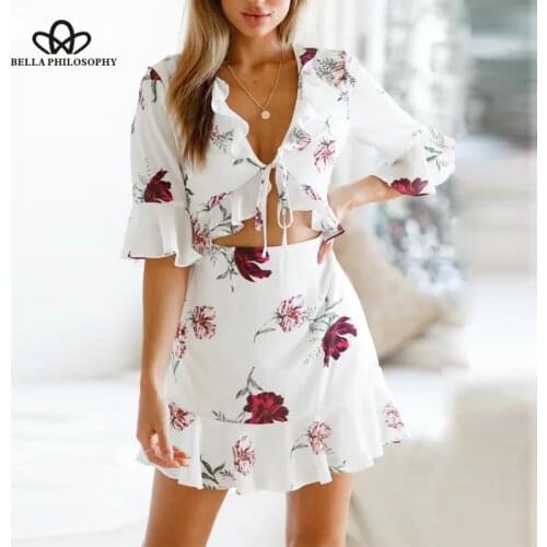 Bella Philosophy 2018 Spring Women Sexy Mini Dress Half Flare Sleeve Hollow Out Front Sashes Dress Loose Print V Neck Dress