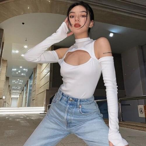 Women’s Autumn Long-sleeved Bodysuit Fashion Solid Color Hollow Off-shoulder Half High Collar Jumpsuit