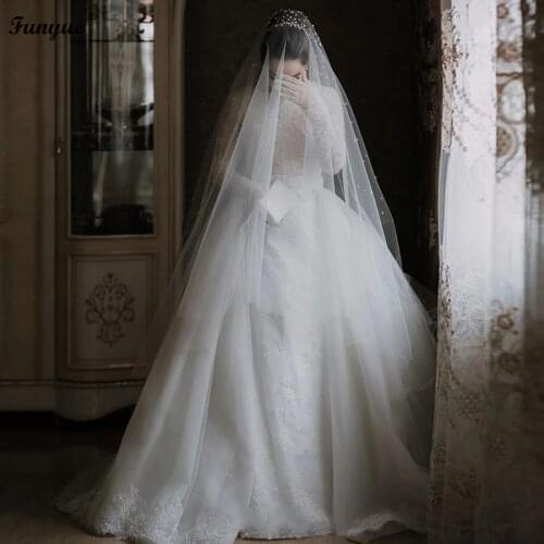 Funyue Ball Gown Muslim Wedding Dress 2021 Beaded Lace Tulle Long Sleeve Princess Bride Gown Veils Included Vestido De Noiva