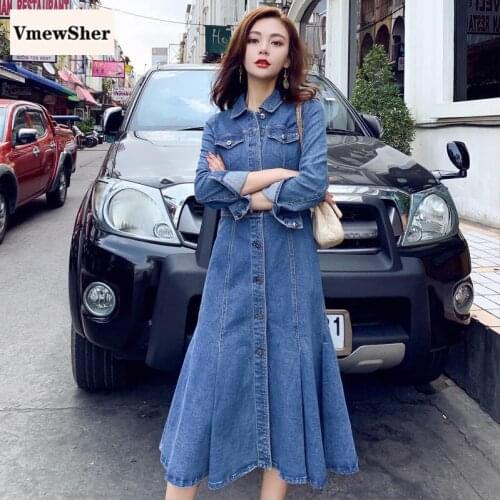VmewSher New Vintage Denim Dress Women Mid-calf Jean Dress 2020 Autumn Ladies Elegant Long Sleeve Solid Trumpet Shirt Dresses