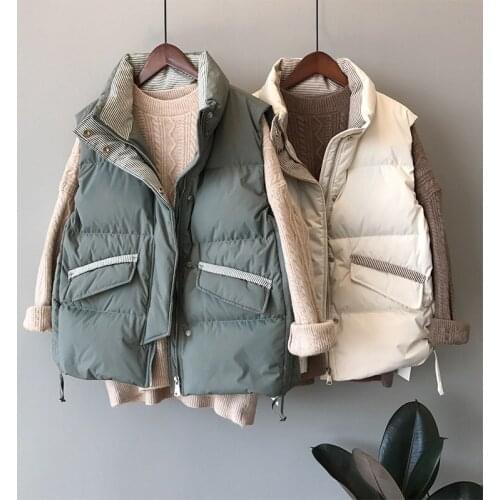 Winter Style Thin Striped Stand-up Collar Lace-up Thick Down Cotton Waistcoat Women Jacket Vest High Collar Chic Warm Vest Top