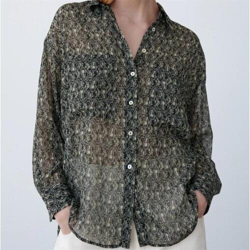 ZXQJ Women 2021 Fashion Oversize Printed Loose Asymmetric Blouses Vintage Long Sleeve Button-up Female Shirts Chic Tops