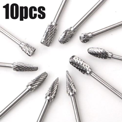 1/4" 1/8" 10pcs Shank Tungsten Carbide Milling Cutter Rotary Tool Burr Double Diamond Cut Rotary Dremel Tools Electric Grinding