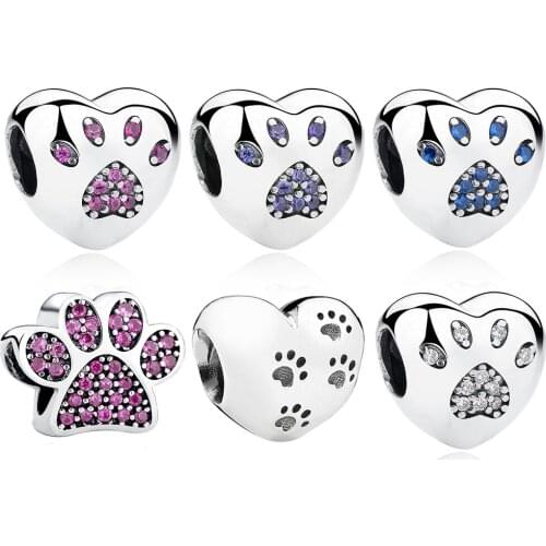 925 Sterling Silver My Sweet Pet Paw Print Charm fit pandora Original BW Bracelet Necklace Heart Bead Accessories Jewelry Making