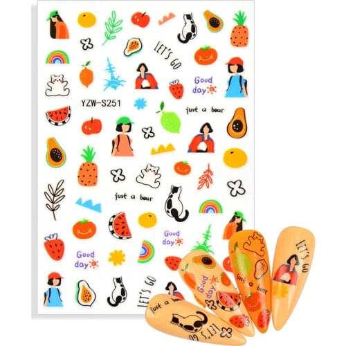Anime Abstract Face Flower Sticker for Nails Cute Cartoon Fruit Sliders for Nails Girl DIY Design Decals Manicure Nail Art Decor