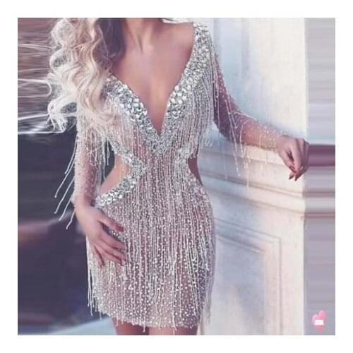 Bar Singer See Through Mesh Dress Rhinestones Fringes Dress Lady Prom Evening Outfit Shining Birthday Tassels Dress