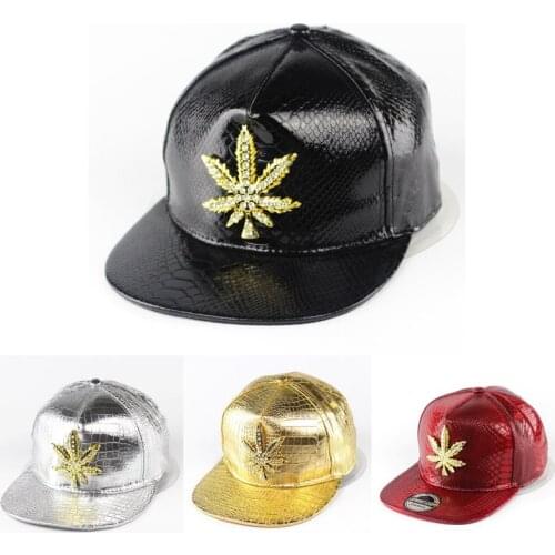 2016 Fashion Leather Autumn Brand Metal Diamond maple leaf Baseball Cap Hat For Men Women Casual Hip Hop Snapback Caps Sun Hats