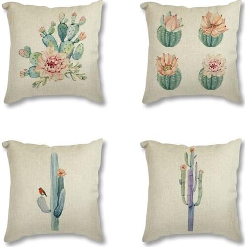Cactus Decor Linen Cotton Seat Cushion Cover Watercolor Plant Flower Printed Decorative Throw Pillow Case 45x45 Sofa Pillowcase