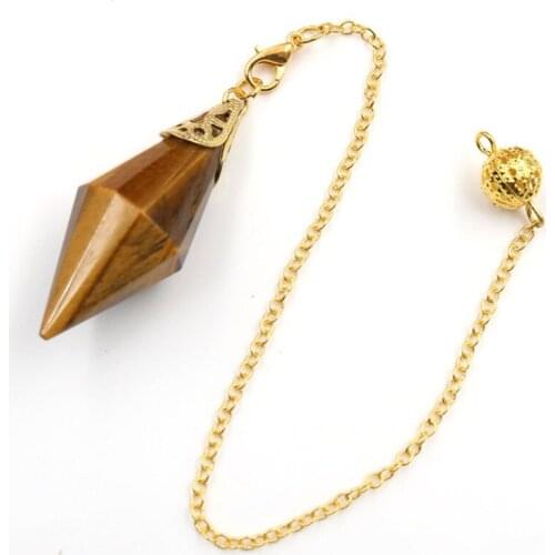 FYJS Unique Light Yellow Gold Color Pyramid Tiger Eye Stone Pendulum Pendant Rock Crystal Link Chain Jewelry