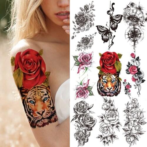 Red 3D Rose Tiger Temporary Tattoo For Women Girls Butterfly Compass Eye Tattoos Sticker Snake Flower High Quality Fake Tattoos