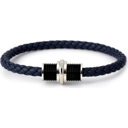 Fashion Women Mens Genuine Leather Bracelet Personalized Stainless Steel Black Round Charms Magnet Bracelets & Bangles Handmade