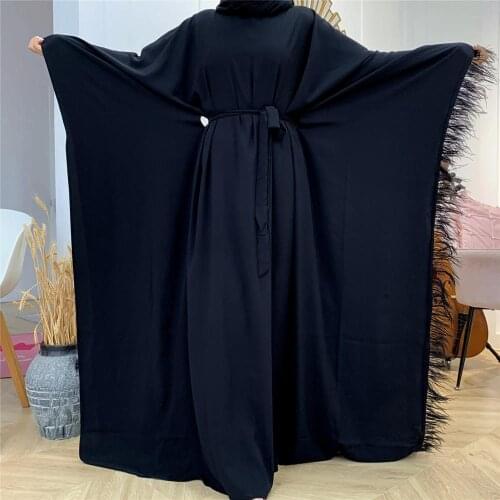 Feather Kaftan Abaya Maxi Dress Muslim Large Size Bat Sleeve Long Caftan Dress for Tall Women Saudis Turkey Dubai Abaya Modesty
