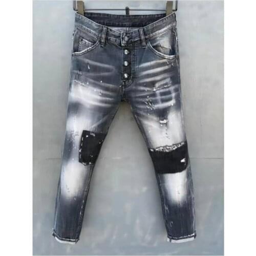 New DSQ2 Mens Skinny Jeans With Ripped Holes And elastic Paint Spray Blue Stitching Beggar Pants 055