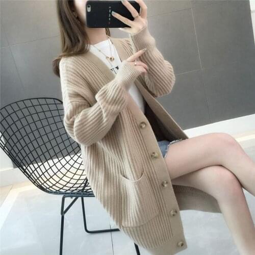 2021 New Knitted Cardigan Mid-length Loose Sweater Women Spring Autumn Thicken Korean V Neck Button With Pocket Outwear Ladies