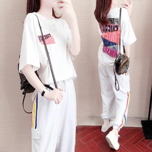 New short-sleeved T-shirt + overalls student Korean version of sports and leisure summer two-piece female