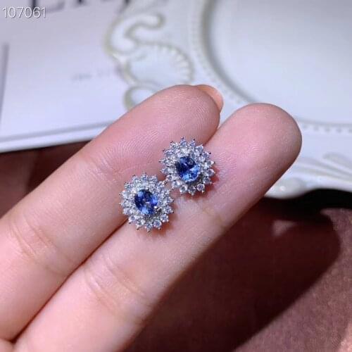 Dazzling Sri Lanka Sapphire Earrings for Party 3mm*4mm Natural Sapphire Stud Earrings 925 Silver Blue Sapphire Jewelry