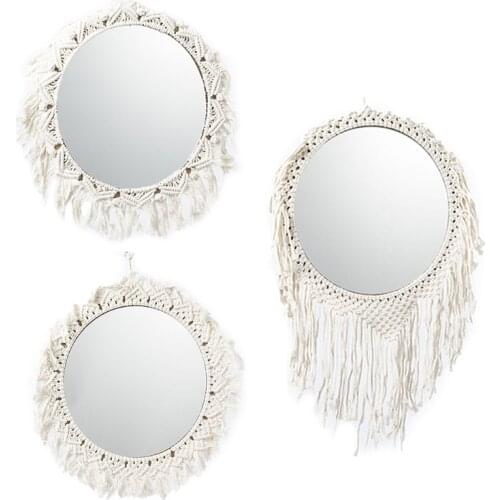 Handmade Woven Hanging Wall Mirror Bohemian Antique Braided Cotton Rope Macrame Fringe Tassels Tapestry Round Decoration