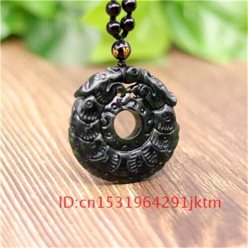 Pendant Amulet Gifts Necklace Dragon Jade Green Chinese Charm Out Carved Men Jewelry Hollow Obsidian Natural Black Double-sided