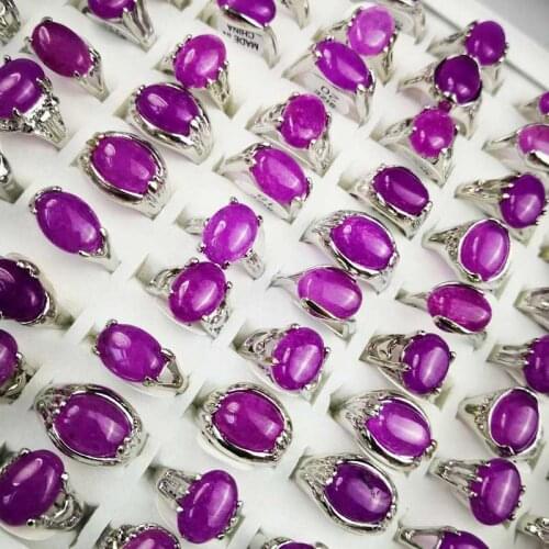 15Pcs/Lot Natural Purple Stone Silver Plated Rings For Women Fashion Jewelry Bulks Ring Lots LR022