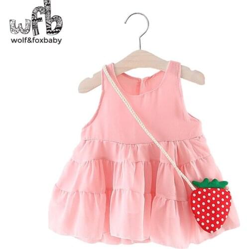 Retail 0-3 years sleeveless girl solid color dress + strawberry bag children summer round neck