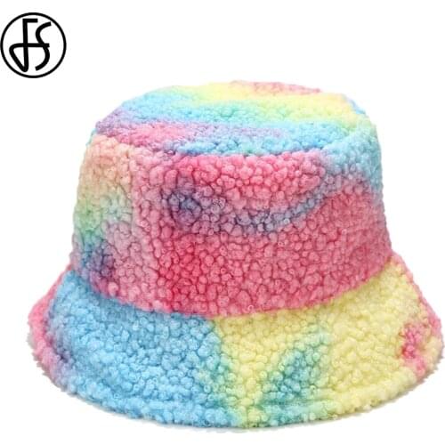 FS New Tie-dye Lambswool Bucket Hat For Women Men Trendy Yellow Pink Blue Design Thick Warm Winter Windproof Fisherman Hats