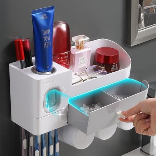 GURET All in one Toothbrush Holder With Cups Toothpaste Squeezer Dispenser Punch-free Storage Rack For Bathroom Accessories Sets