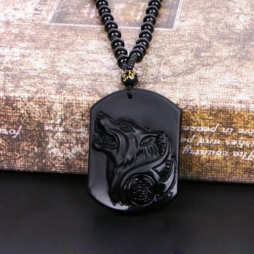 Y166 Hand Carved Natural Genuine Obsidian Howling Wolf Head Amulet Pendant Necklace