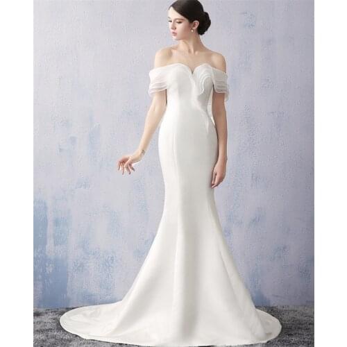 2021 Pretty Sweep Train Mermaid Soft Satin Off Shoulder Sweetheart Simple Plain Wedding Dress Bride Gown Vestidos De Novia