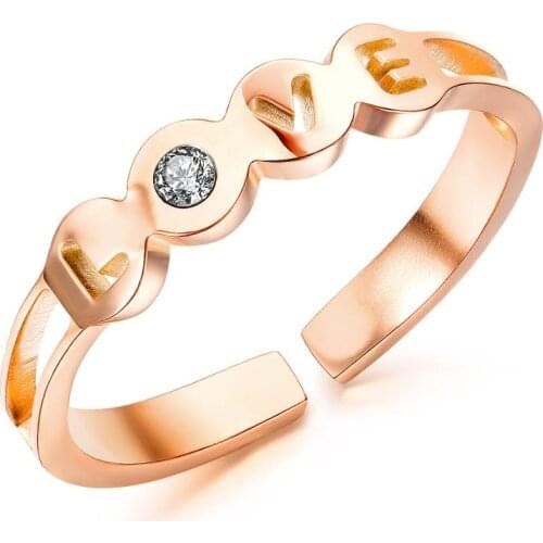 Trendy Romantic Rose Gold Crystal Love Ring for Women Stainless Steel Engagement Wedding Jewelry Adjustable