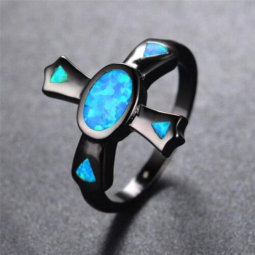 Cute Female Blue Fire Opal Ring Fashion 14KT Black Gold Wedding Rings For Women Unique Style Promise Cross Engagement Ring