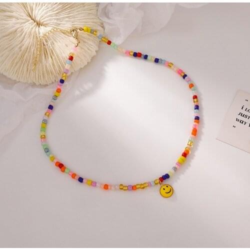 Simple Choker Necklaces Smiley Women Chain Ladies Seed Beads Pendant Girls Jewelry Colorful Trendy Korean Collares