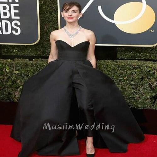 Celebrity Jumpsuit Evening Dress With Long Train Black Sweetheart Elegant Formal Dress Overskirt Dubai Prom Party Wear 2021 Gown