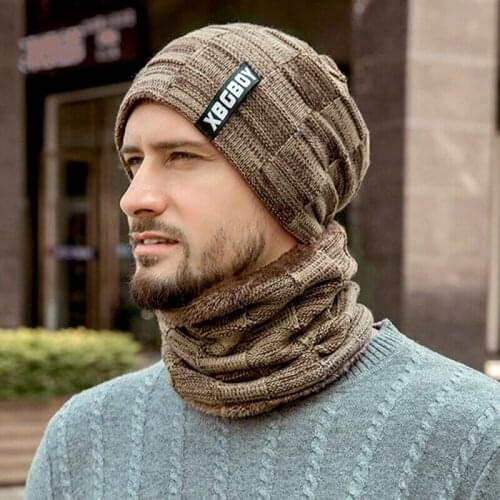 2 Pcs Retro Men Beanie Skullcap and Scarf Neck Warmer Set Winter Knitted Thermal Thicken Bonnet Skullie Soft Knitted Beanies