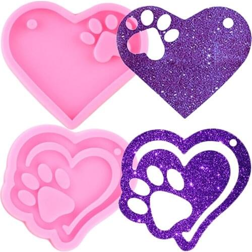 Shiny Glossy Heart Bear Paw Keychain Mold DIY Craft Handmade Pendant Charms Molds Resin Epoxy Jewellery Silicone Moulds