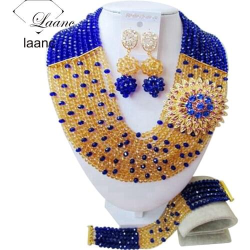 Fashionable! Royal blue champagne gold Crystal Beads Nigerian wedding african beads jewelry set bridal jewelry sets AAC215
