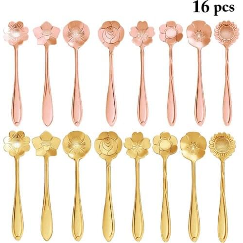 16 PCS Stainless Steel Dinnerware Sets Golden Flower Pattern Fruit Dessert Ice Cream Spoon Espresso Mixing Scoop Coffee Spoons