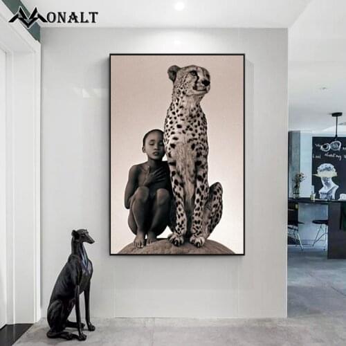 African Boy and Leopard In Thought Wall Art Poster Impressionist Canvas Painting Animal Prints for Childrens Room Decoration