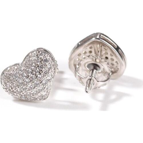 1Pair S925 Sterling Silver Heart Shape Stud Earrings Bling Ice Out Hip Hop CZ Earrings for Men Women Lover Rapper Jewelry