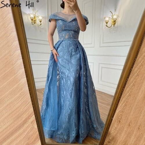 Serene Hill Blue Luxury Beaded Mermaid With Train Evening Gown 2021 Cap Sleeves Elegant For Women Formal Party Dress CLA71018