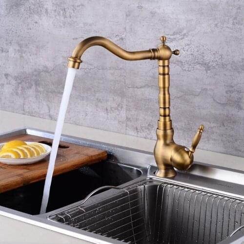 Kitchen Sink Faucets Retro Brass Antique Bronze Single Handle Kitchen Basin Faucets Deck Mounted Hot and Cold Water Mixers Taps