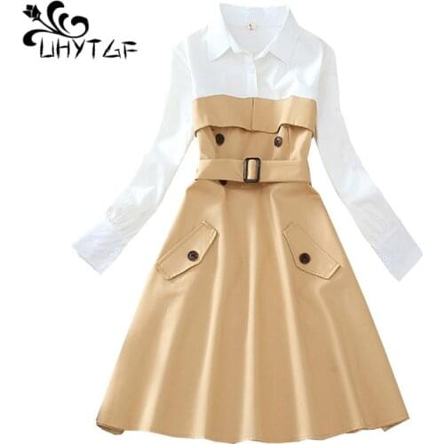 UHYTGF Women Spring Dresses Fashion Stitching Fake Two-Piece Elegant Female Dress New Pocket Cute Girl Belt Slim Shirt Dress1575