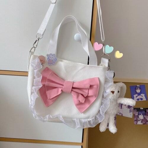Japanese Harajuku Lace Bow Large Capacity Handbag Women Shoulder Bags Cute JK Lolita Womens Messenger Bag Purse Bolso Mujer