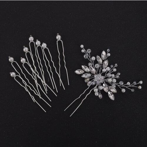 Silver 9PCS Hair Pins Flower hair jewelry Crystal Pearl Elegant Women Hair Ornaments Bridal Wedding Accessory Bridesmaid Gift