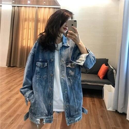 Vintage Light Blue Frayed Hole Denim Jacket Women Mid-length Loose Casual Autumn 2021 Lapel Long Sleeve Female Jaquetas Feminina