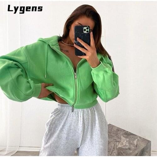 Lygens 2021 Autumn Winter Women Sweatshirt Coats Hooded Zipper Drawstring Patchwork Loose Oversized Streetwear Casual Y2K