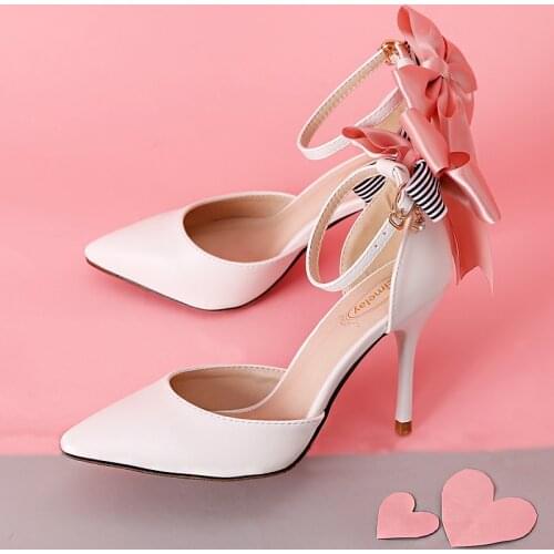 2021 summer new pointed toe stilettos sweet bow one word buckle banquet dress sandals female bridesmaid bride wedding shoes