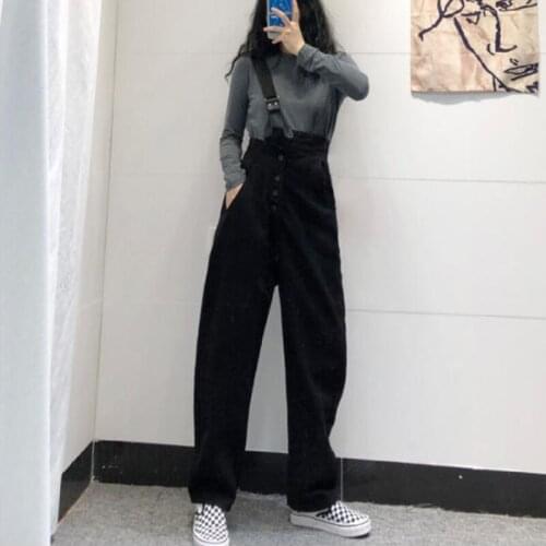 Women Jumpsuits Straight Mopping Fall Korean Style Button One-shoulder Adjustable Wide Leg Trousers All-match Students Overalls