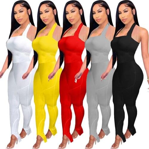2021 New Jumpsuit Women Summer Casual Halter Off Shoulder Fitness Sporty Romper Slit Hem Pants Bodycon Jumpsuit Women Overalls