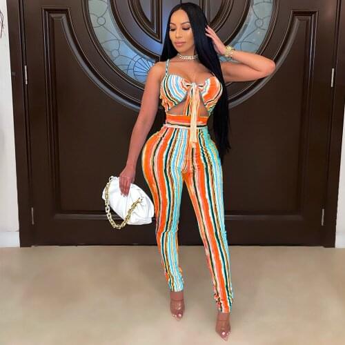 Vertical Striped Print Two Piece Tracksuit Womens Set Spaghetti Strap Crop Top Empire Pencil Sweatpant Sexy Party Club Outfits